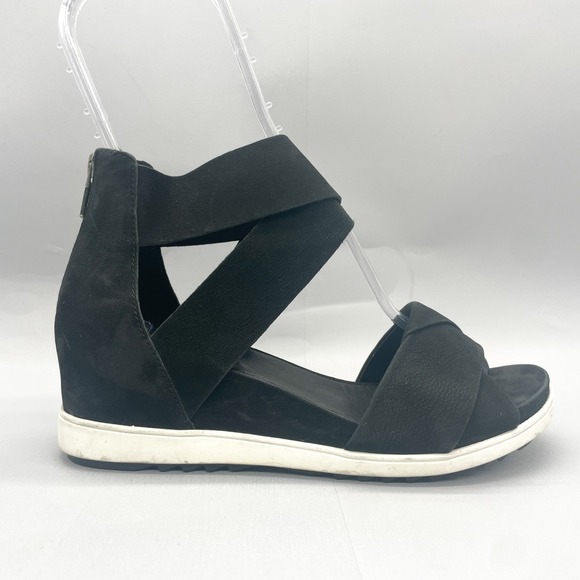 Eileen Fisher Womens 8 Viv Sandals Shoe Black Tumbled Nubuck Wedge Platform Heel - Picture 1 of 12
